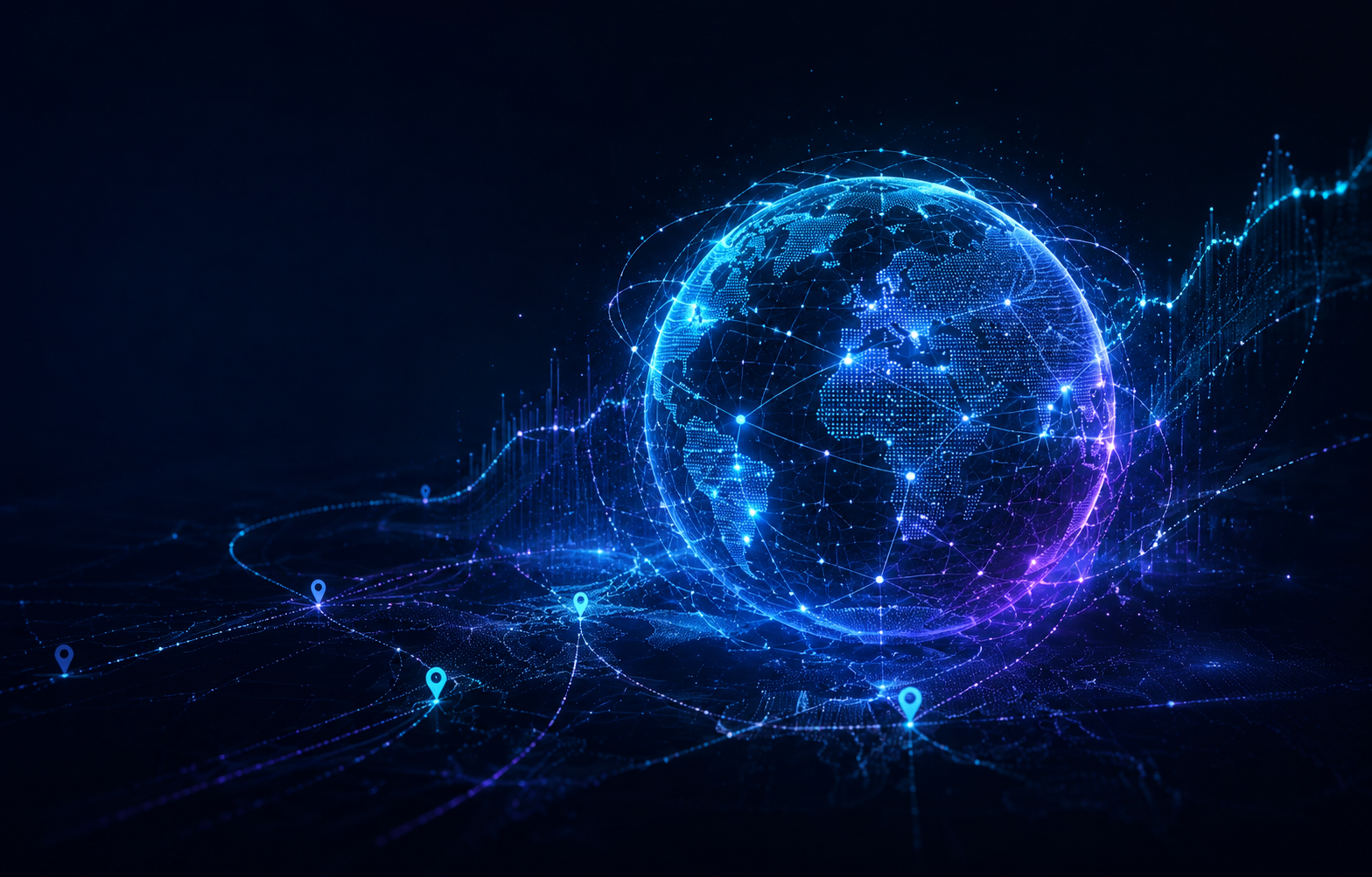 Yapay zekâ, SEO ve GEO görünürlüğünü temsil eden neon veri küresi